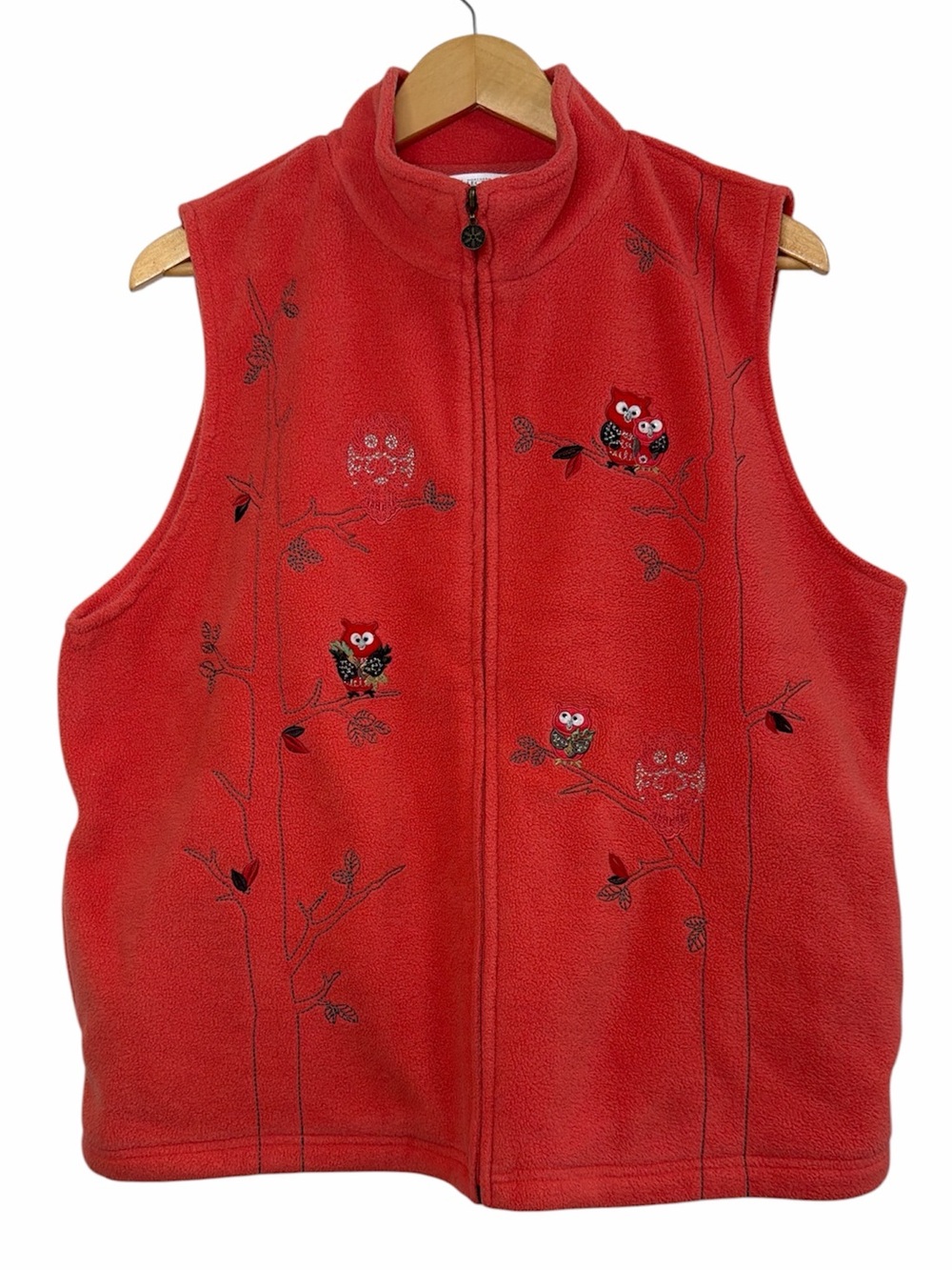Northern Reflections Fleece Vest Coral Owl Embroidered Full Zip XL